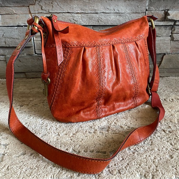 Fossil Handbags - Fossil Talita Burned Orange Floral Tooled Leather Large Shoulder Crossbody Purse